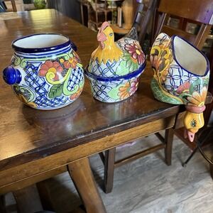 NOVICA Talavera STYLE Mexican Pottery Hand Painted Duck Chicken Planter Pot 3 Pc